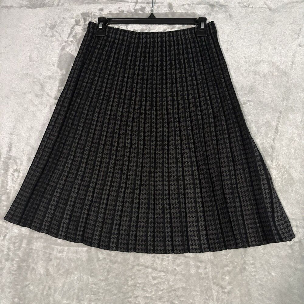 Max Studio Houndstooth Knit Pleated Skirt Womens Size L Large Black Gray Stretch